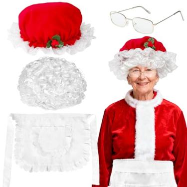 Imagem de 4 peças de fantasia feminina de Papai Noel, fantasia de Papai Noel com chapéu, peruca, óculos, avental para cosplay de festa de Natal