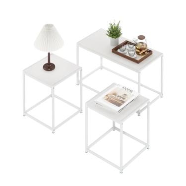Imagem de Furinno CAMNUS Conjunto de 3 mesas de sala de estar, mesa de centro com 2 mesas de extremidade, mesas laterais, para sala de estar, branco