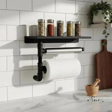 Imagem de Suporte de Parede Porta Papel Toalhas e Prateleira para Temperos Cozinha Preto Laca