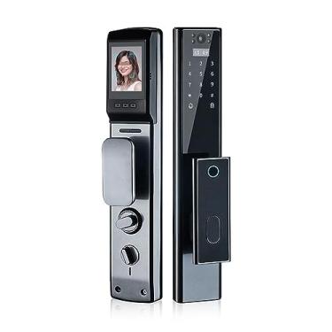 Imagem de ifgswopq Fechadura de porta de câmera inteligente com impressão digital de segurança fechadura inteligente totalmente automática fechadura inteligente sem chave WiFi (cor: cinza 6068 com gancho
