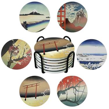 Imagem de STARUBY Porta-copos de cerâmica absorvente porta-copos para bebidas com costas de cortiça estilo japonês Ukiyo-e conjunto de 6 porta-copos redondos antiderrapantes para mesa de café copo de vinho bar