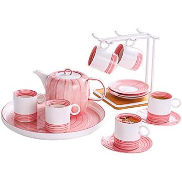 Imagem de AKALNNB Xícara de chá e pires conjunto de chá da tarde 6 peças bule de chá rosa xícara de café cerâmica e pires com suporte de xícara bandeja de chá