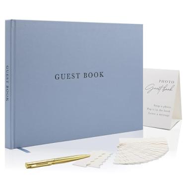 Imagem de Modern Album Designs Conjunto de livros de visitas de linho real - Livro de visitas em relevo 29 x 21 cm para casamentos, chuveiros, eventos, em branco e forrado, vem com placa, caneta, caixa e capas