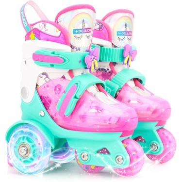 Imagem de Patins de skate de unicórnio ajustáveis para meninas com luzes de LED, proteção tripla e iniciante (arco-íris rosa) (roxo, P-pequeno (12C-3 EUA))