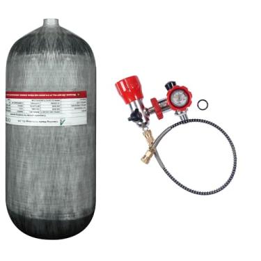 Imagem de TUXING Tanque de ar HPA Paintball de fibra de carbono 12L/732ci (não DOT) | Válvula de calibre duplo do sistema de ar PCP 4500psi mangueira de alta pressão de 61 cm com dupla desconexão rápida