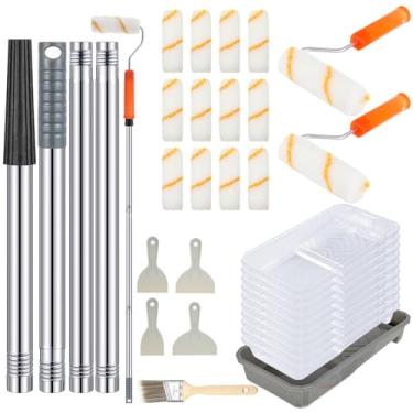 Imagem de Qilery Kit de rolo de pintura de 31 peças com rolo de extensão inclui rolos de pintura de 10 cm e bandeja de suporte de pincel com forros descartáveis, facas de limpeza angulares para materiais de