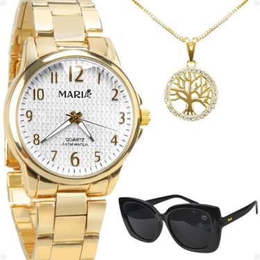 Imagem de relogio feminino dourado + oculos sol protecao UV + colar presente cas