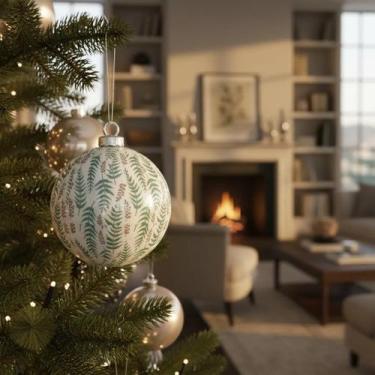 Imagem de Kit 3 Bolas De Natal Decorada Luxo Branca Folhagem Verde 8cm - Casa Na