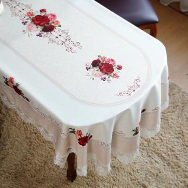 Imagem de SUTAVIA Toalha de mesa bordada de renda, toalha de mesa retangular de fazenda, toalha de mesa de macramê clássica oblonga com decoração de flores antigas (esbranquiçada, oval, 132 x 178 cm)