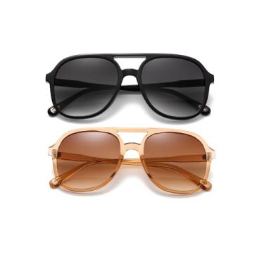 Imagem de (Pacote com 2) Óculos de sol aviador retrô para mulheres e homens, clássicos, anos 70, vintage, moderno, quadrado, aviadores, Preto brilhante + marrom escuro