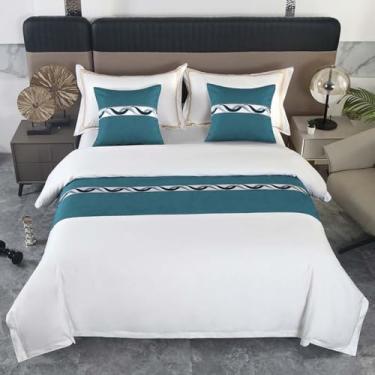 Imagem de Cachecol de cama tecido jacquard Bed Runner - Protetor decorativo reversível para os pés da cama, ideal para suítes master, decoração de casamento, azul de palco ||1 fronha de 50 x 50 cm