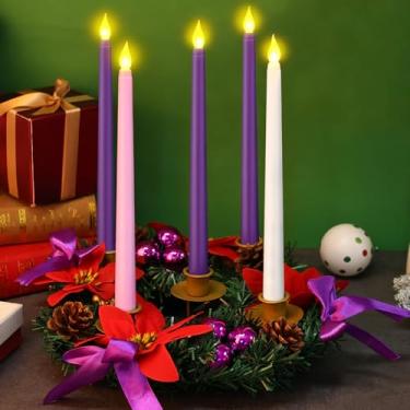 Imagem de Guirlanda do advento de Natal de 28 cm, conjunto de 5 velas cônicas sem chama, guirlanda do advento com fita pinhas, poinsétias, roxo, rosa, branco, velas do advento sem chamas para mesa central de