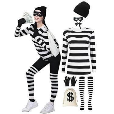 Imagem de Conjunto de fantasia de ladrão de ladrão de cosplay para festa de Halloween, gorro listrado preto e branco, Preto, Small