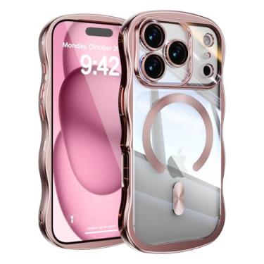 Imagem de UEEBAI Capa para iPhone 17 Pro, linda capa de celular magnética com moldura ondulada compatível com Magsafe Capa de proteção de câmera completa capa de telefone galvanizada macia para mulheres e