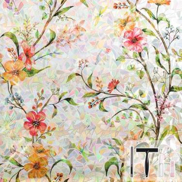 Imagem de NINETREX Película de privacidade para janela, película de vitral, adesivos decorativos de arco-íris, aderência estática, controle de calor anti UV para decoração de casa (flor de Galsang, 75 x 399 cm)