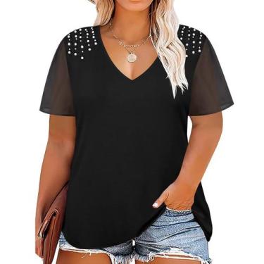 Imagem de Blusa TIYOMI Plus Size de chiffon com decote em V com pérolas para mul
