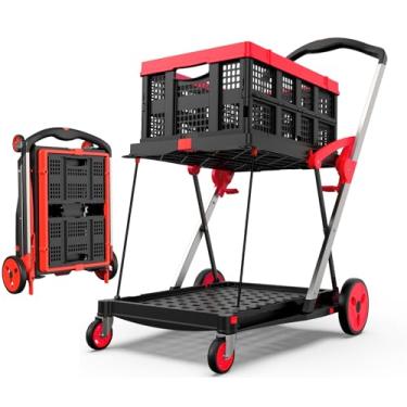 Imagem de TOLRET Carrinho de compras dobrável com rodas, carrinho de compras com capacidade de 90 kg sobre rodas com caixa de armazenamento, carrinho de mão de plataforma com freio de pé, vermelho