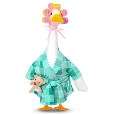 Imagem de JcHrmers 3 peças de roupa de ganso de varanda de inverno com faixa de cabelo, roupão xadrez e urso para estátua de ganso de plástico de cimento, decoração peculiar para interior/exterior