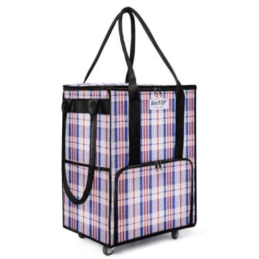 Imagem de Bolsa de compras grande reutilizável sobre rodas, carrinho de compras dobrável com até 30 kg, sacola de compras com zíper superior, leve (colorida)