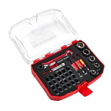 Imagem de Geinxurn Kit de ferramentas de 34 peças com caixa de armazenamento combinando, inclui brocas magnéticas de aço S2 de 2,5 cm/5 cm (Phillips/Square/Torx), soquete, suporte de brocas e mini chave catraca