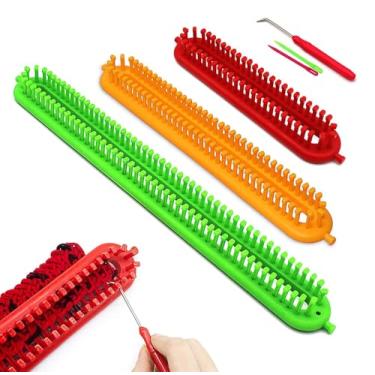 Imagem de Katech 3 peças de tear retangular de tricô com pinos densos tear de tamanhos diferentes conjunto de teares de tecelagem de plástico colorido faça você mesmo kits de tecelagem de fios com agulha e agulha de crochê (a cor é aleatória)