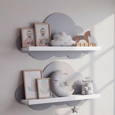 Imagem de Kit 2 Prateleiras para Quarto Infantil Nuvem Branco / Cinza