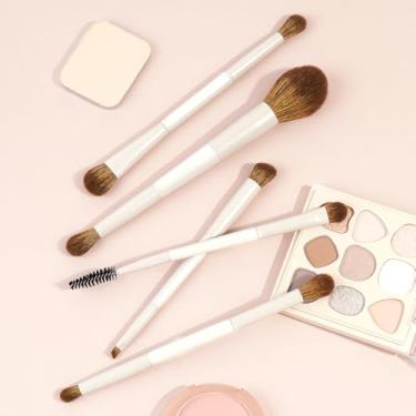Imagem de 5 pincéis de maquiagem de ponta dupla, com cerdas macias, aplicação precisa para blush, sombra e contorno (branco)