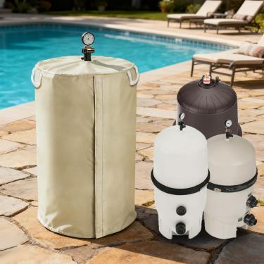 Imagem de Sobana Capa de filtro de piscina com forro de pelúcia, capa de equipamento de piscina de tecido Oxford impermeável 600D, adequada para a maioria dos filtros no mercado (estilo universal, bege)