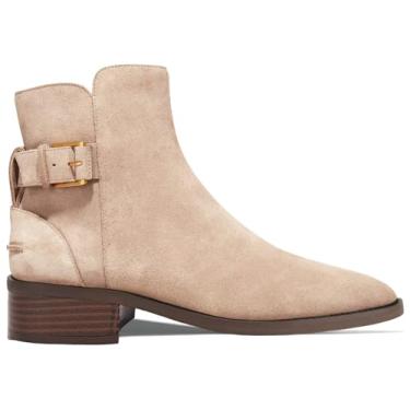 Imagem de Coutgo Botas femininas de cano baixo, bico grosso, bico fino, fivela e tira de fivela, sapatos ocidentais, Caqui, 36