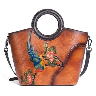 Imagem de SHARPAD Bolsa De Couro Genuíno Para Mulheres, Bolsa De Alça Superior, Bolsa Feita À Mão, Vintage, Couro Em Relevo, Bolsas Crossbody, Bolsa Hobo (Marrom-1)