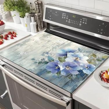 Imagem de HOMETITUTE Tampa superior de fogão de flor azul para decoração de cozinha de diatomita elétrica de 71 x 50 cm, protetor de fogão de vidro resistente ao calor tapete de bancada elegante design floral