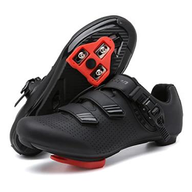 Imagem de Vicogn Tênis de ciclismo interno masculino e feminino compatível com bicicleta Peloton pré-instalado com Look Delta Cleats Outdoor Road Biking, Preto, 6.5 Women/4.5 Men