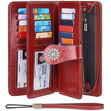 Imagem de Lavemi Carteira feminina de couro com bloqueio de RFID com zíper grande suporte de telefone clutch bolsa de viagem bolsa de pulso, 1 - vermelho escuro encerado, One Size