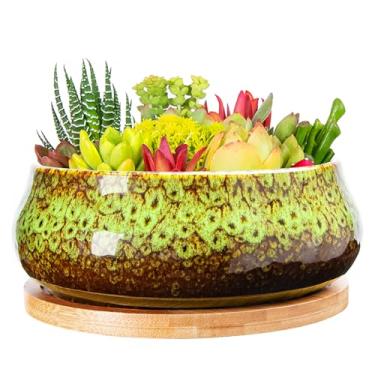 Imagem de ARTKETTY Vasos de suculentas - Vaso de 20 cm, vasos grandes de bonsai com bandeja de drenagem, vasos de cerâmica para plantas internas e externas, recipiente redondo raso para flores de cacto