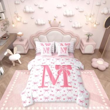 Imagem de Erosebridal Jogo de cama solteiro com laço rosa em uma bolsa, 7 peças | Conjunto de edredom com estampa de coração e letra M para crianças, meninos, meninas, estilo princesa sonhadora, conjunto de