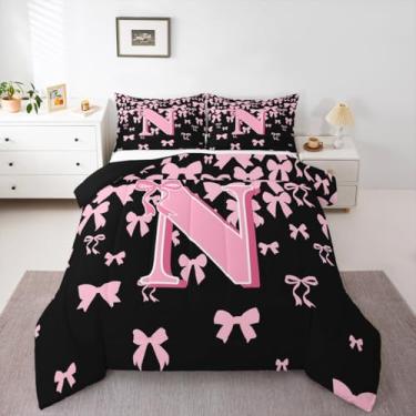 Imagem de jejeloiu Conjunto de edredom com laço fofo para todas as estações, letra N, conjunto de cama com 1 fronha, preto, rosa, coquete, laço e laço para crianças, monograma, edredom