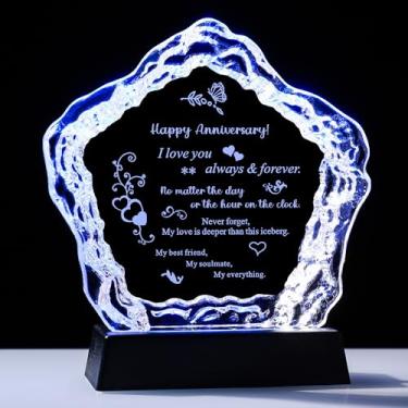 Imagem de Presente gravado a laser de cristal de iceberg de feliz aniversário com base de LED, lembrança de romance eterno para casais, casamento, presente de dia dos namorados para ele ou ela