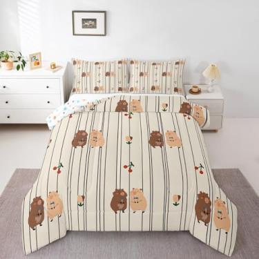 Imagem de Conjunto de edredom fofo de capivara, adorável castor, estampa geométrica de flores de cerejeira, para crianças, meninas, meninos, tema natural, roedores, animais roedores, colcha