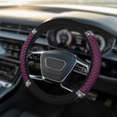 Imagem de HQRNYP Capa de volante de couro macio brilhante, protetor de volante, 38 cm colorido strass elástico, acessórios de carro de couro diamante antiderrapante para mulheres e meninas (roxo)
