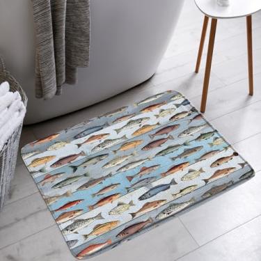 Imagem de HWSSHW Tapete de banho vintage rústico para casa de fazenda, cabana de pesca, lago, peixes, acampamento de caça, trailer, microfibra, espuma de memória, decoração de banheiro, tapetes para cozinha e