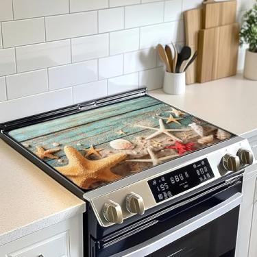 Imagem de Protetor de tampa superior de fogão elétrico estrela do mar concha de praia, tapete de fogão de vidro de madeira azul, tapete de fogão de indução de forno resistente ao calor para tapetes de bancada