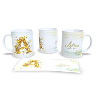 Imagem de Caneca Personalizada com Design Floral, Cerâmica Branca, Decoração em Amarelo e Verde, Estilo Elegante com Texto 'Alice beleza que floresce' (a)