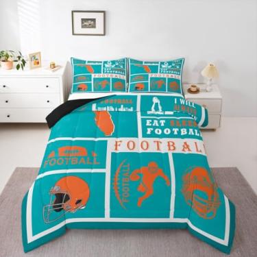 Imagem de Erosebridal Conjunto de edredom de futebol para fãs de futebol americano, conjunto de cama para crianças, meninos e meninas, edredom de rúgbi, reversível, com 2 fronhas, quente (Miami)