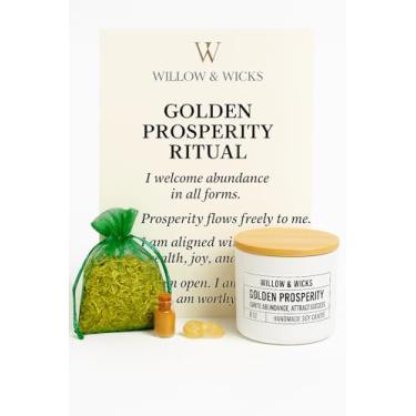 Imagem de Golden Prosperity Candle Ritual Kit – Vela de soja de 227 g – Conjunto de manifestação com ervas, cristais de citrino, mica dourada e meditação guiada | Contém óleos essenciais