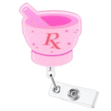 Imagem de Carretel de crachá de enfermeira RX rosa engraçado, bonito almofariz e pilão de tecnologia de farmácia, suporte retrátil para crachá médico, crachá de nome para enfermeira de farmácia RN Pharm