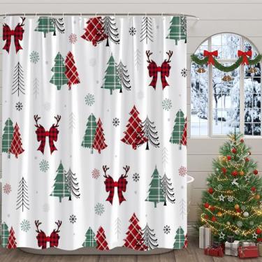 Imagem de FJLLFJ Cortina de chuveiro de Natal, vermelho e verde, arco de árvore de Natal, xadrez, floco de neve, inverno, férias, poliéster, cortina de banheiro com 12 ganchos, decoração de casa de banheira