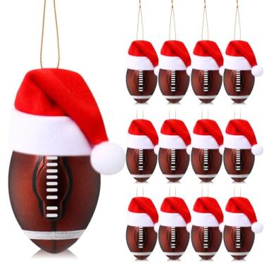 Imagem de Skylety 12 peças de enfeite de futebol de Natal com chapéu vermelho de Papai Noel, enfeites de bola esportiva para decoração de árvore de Natal, bolas de Natal para festas de Natal, presentes de