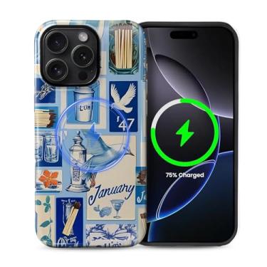 Imagem de Zhhoya Capa para iPhone 16 Pro Max, azul Coquete Vintage Matchbox Colagem Padrão Impressão Brilhante Compatível com Magsafe Capa de Telefone Híbrida 2 Camadas Proteção Rígida para Meninas Mulheres