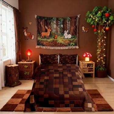 Imagem de Conjunto de edredom infantil Miners Pixel Checked, tamanho casal, videogame, decoração de quarto de meninas, meninos, gamepad, edredom marrom escuro, 2 fronhas