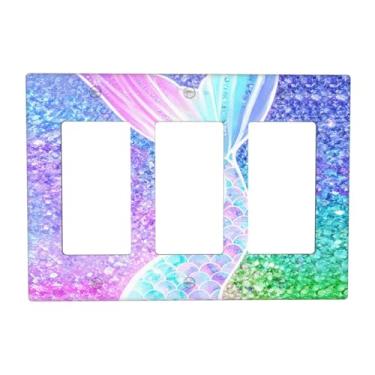 Imagem de SgEdao Capas de tomada decorativas, design de escama de sereia com brilhos iridescentes, placa de parede de 3 gangues, capas de interruptor de luz tripla para decoração de quarto de meninas, decoração